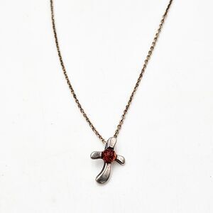 Vintage Dainty Sterling Silver Genuine Amber Center Cross Pendant 18" Necklace